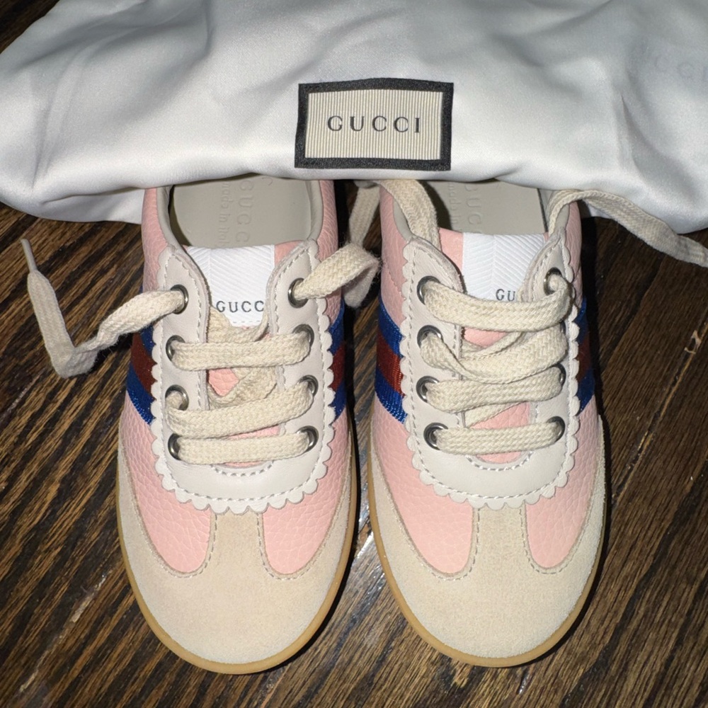 Gucci Kids Pink Blue Stripe Leather & Suede Sneakers